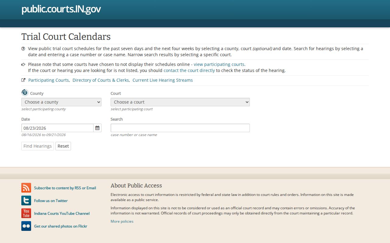 Miami County court docket trial calendar landing page
