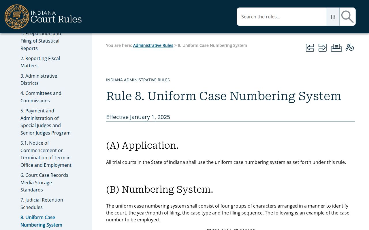 Indiana Administrative Rule 8 case-number format and codes
